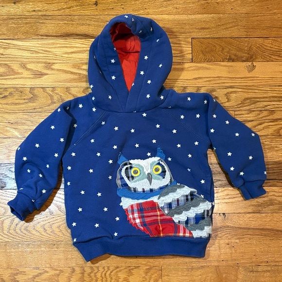 Mini Boden Other - Mini Boden Blue Stars Hoodie with Red Lined Hood and Owl Appliqué